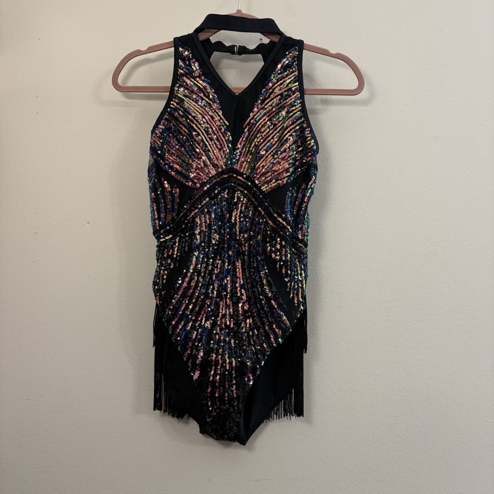 Weissman Black and Gold Sequin FRINGE Dance Costume The Goddess Way Small JAZZ