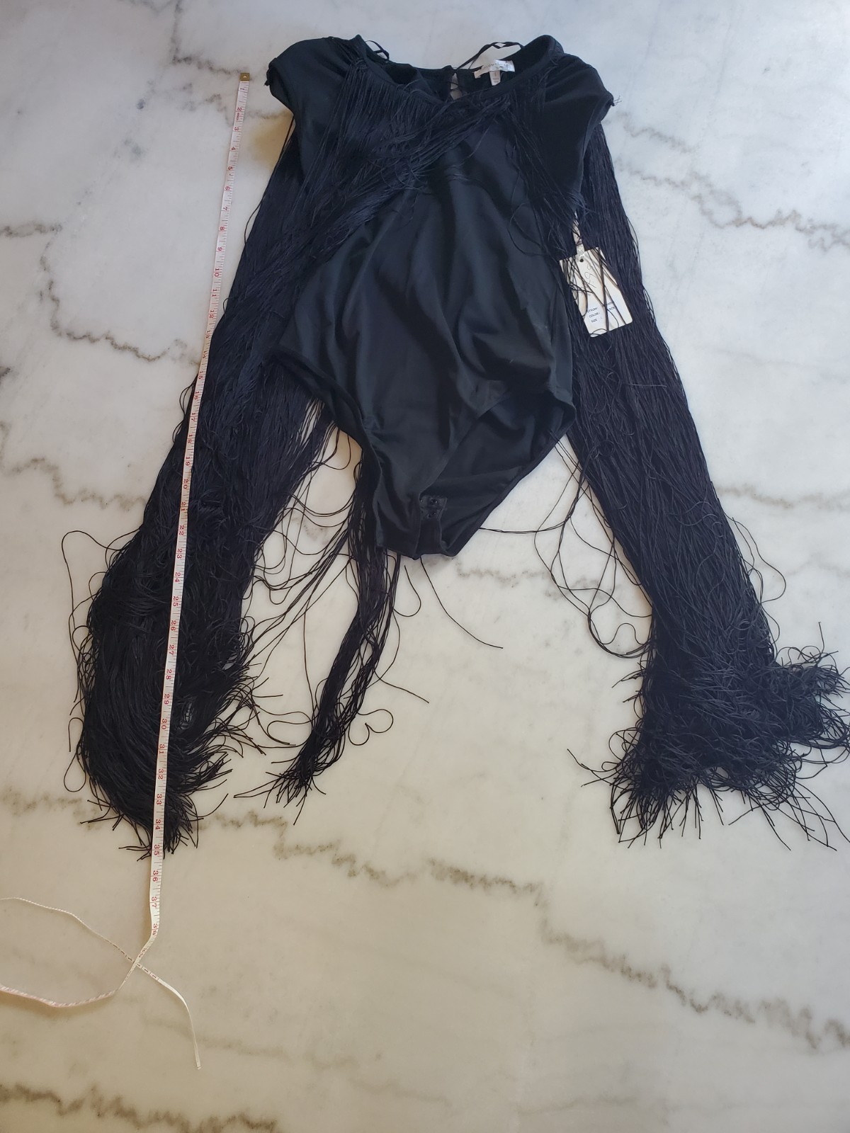 Rose Velvet Tassel Fringe Black Leotard Bodysuit Women’s S Polyester Spandex A5