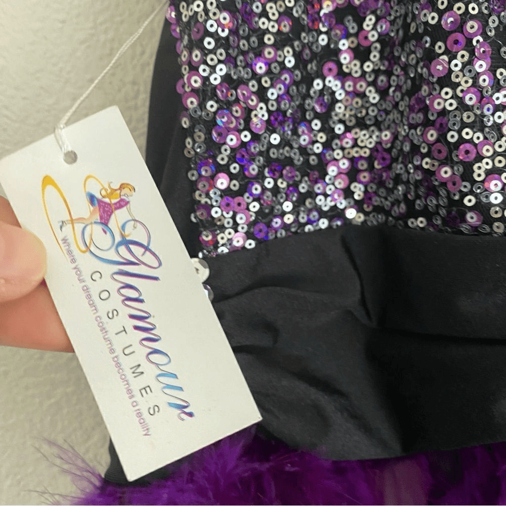 Glamour dance costume purple sequin feather jazz Broadway adult small SA -NEW
