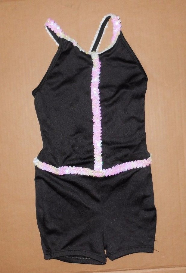 DANCE COSTUME SHORTY UNITARD BLACK WHITE IRIDESCENT Sequin keyhole back Jazz