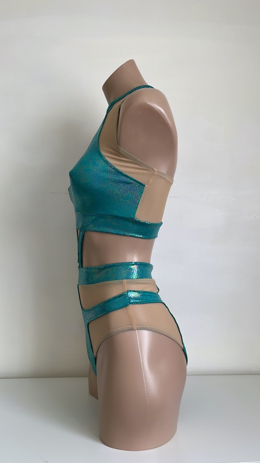Schminke 🦎 Hybrid dance wear pole-wear nude mesh teal hologram reptile bodysuit