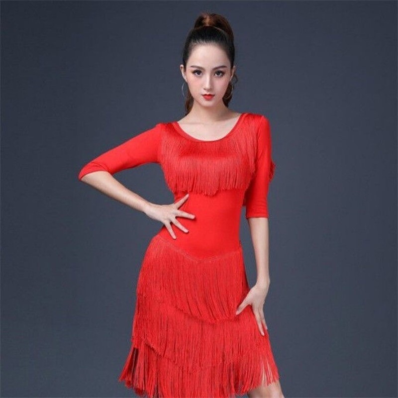 Women Latin Dance Dress Salsa Dancewear Tassel Ballroom Tango Black Red