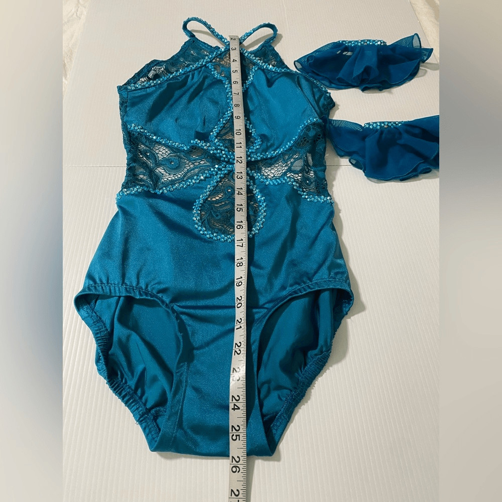Custom solo Dance Costume teal aqua blue rhinestone Leotard SA-Small adult