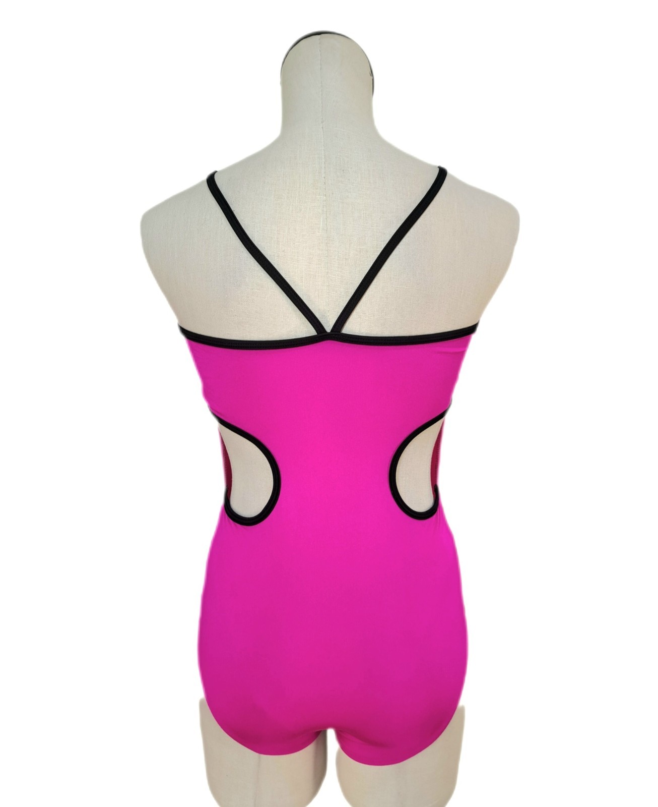 Aja VTG Hot Pink Side Cutout Keyhole Crossback Leotard Coolmax Bra Liner Size AM