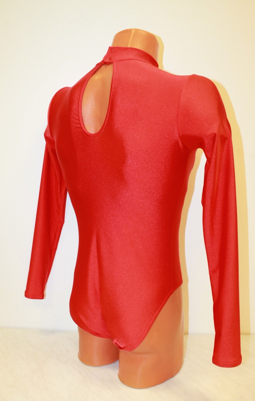 Men Leotard 159-00 Long Sleeve High Collar Bottom Closed Red Spandex Size L