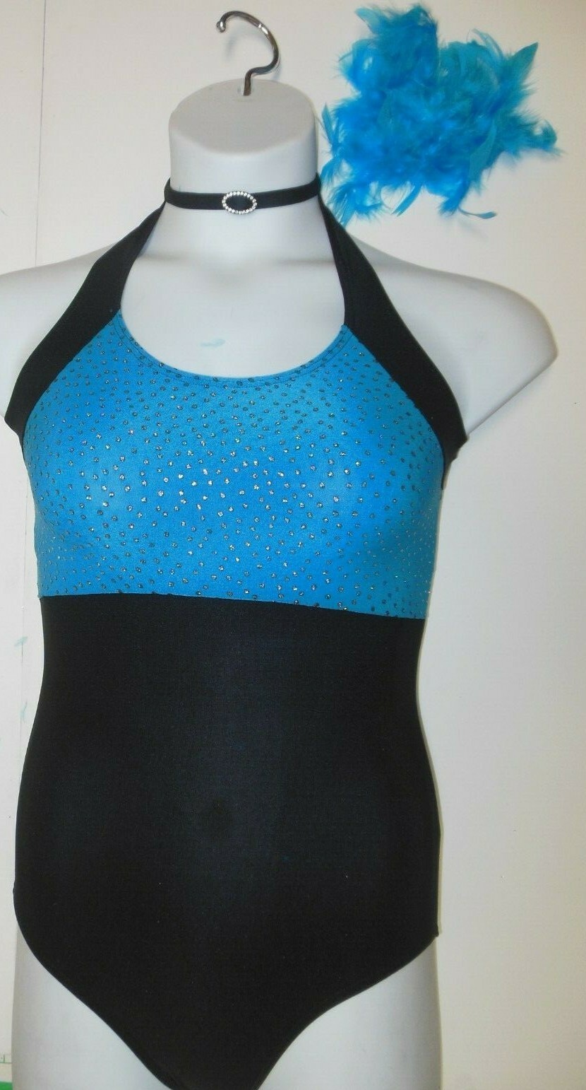 GLITTERED SLINKY LEOTARD feather hdpc RHINESTONE Choker Turquoise blue black