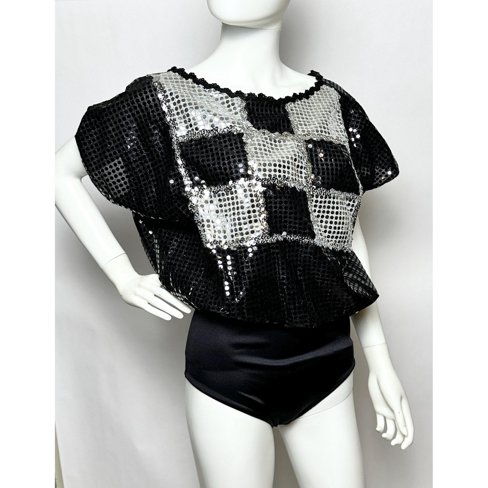Vintage 80s women’s Dance costume leotard bodysuit Silver Black Squares XL