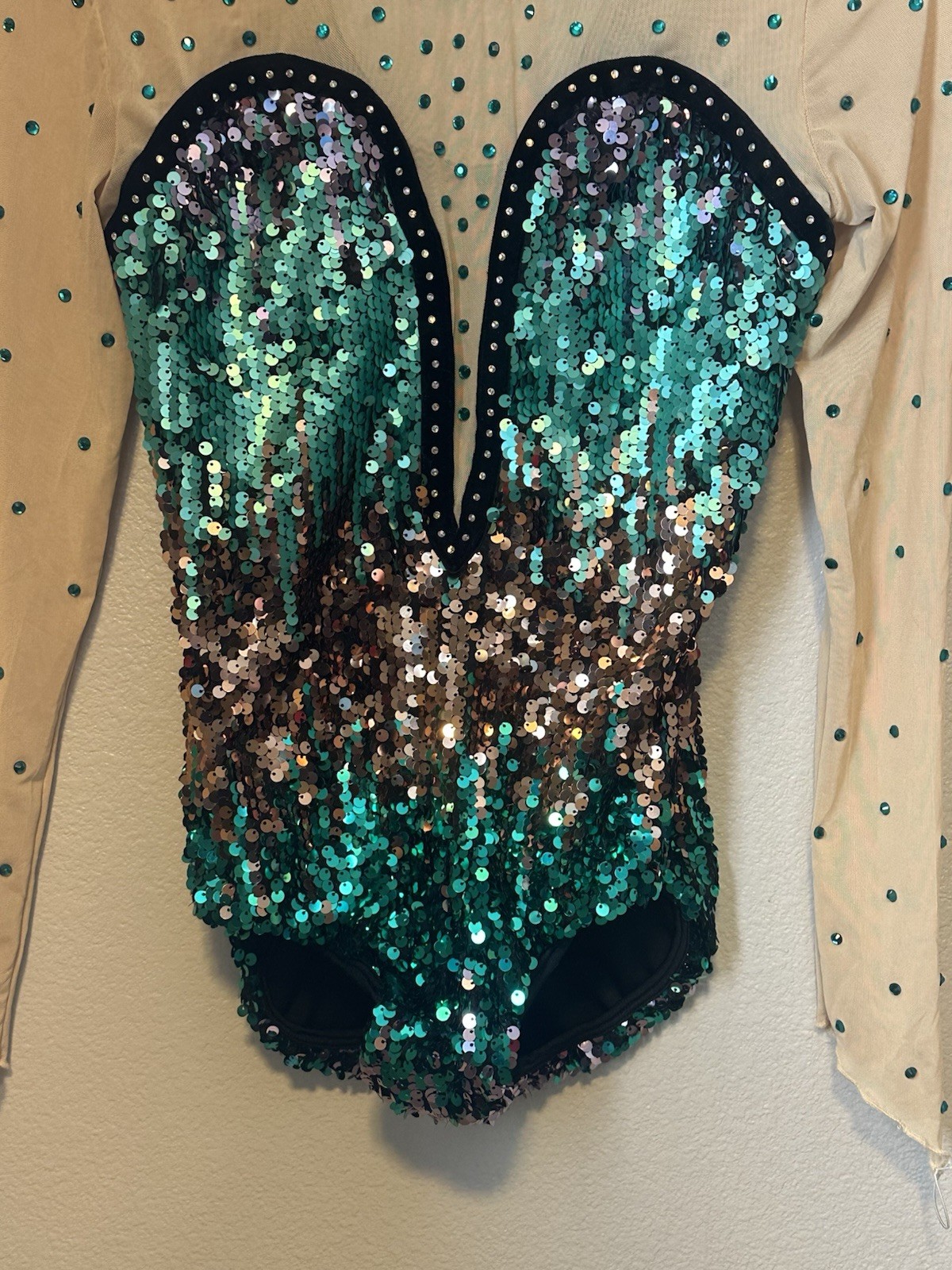 Glamour Costumes Dance Mesh Sequin Gem Long Sleeve Leotard Bodysuit-Adult SA NEW