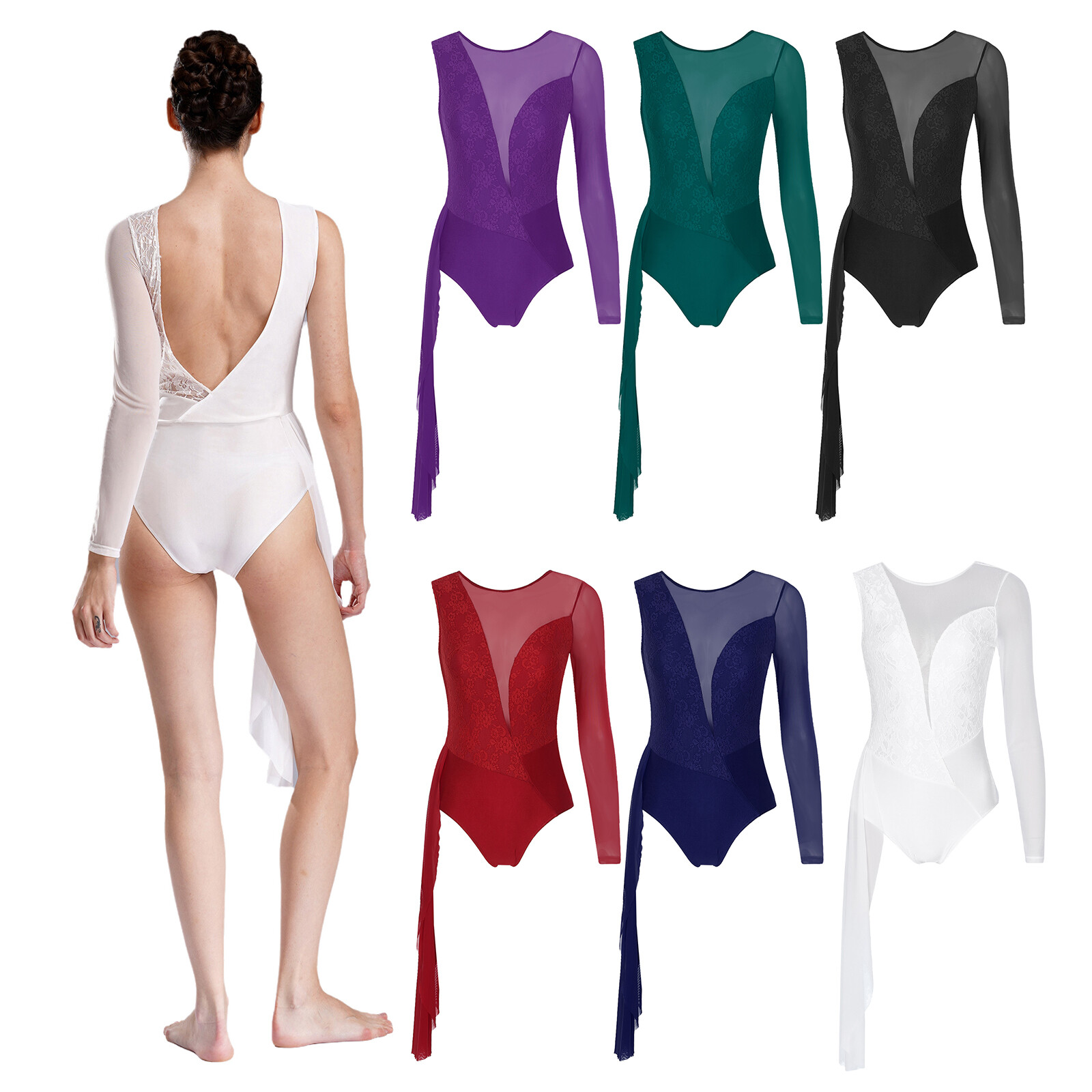 Womens Lyrical Dance Floral Lace Patchwork Leotard Stage Performance Bodysuit