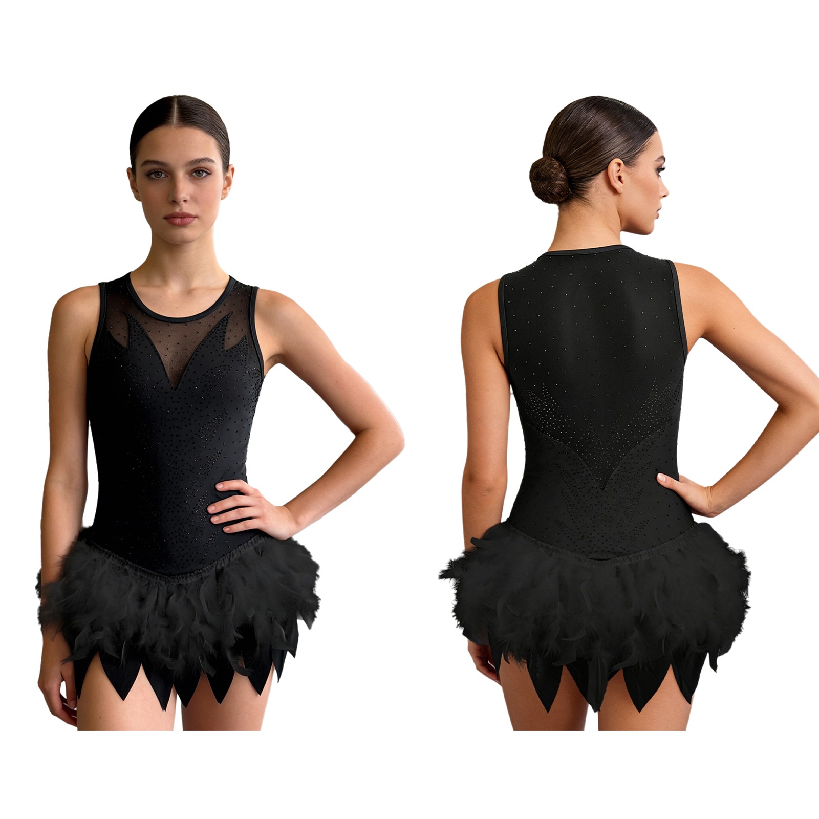 US Womens Bodysuit Fuzzy Feather Irregular Ballerina Leotard Rhythmic Dancewear
