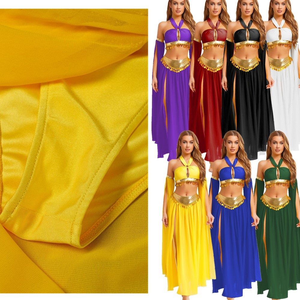 Womens Belly Dance Costume Set Sequins Hem Halter Tank Top Modern Dance Parties