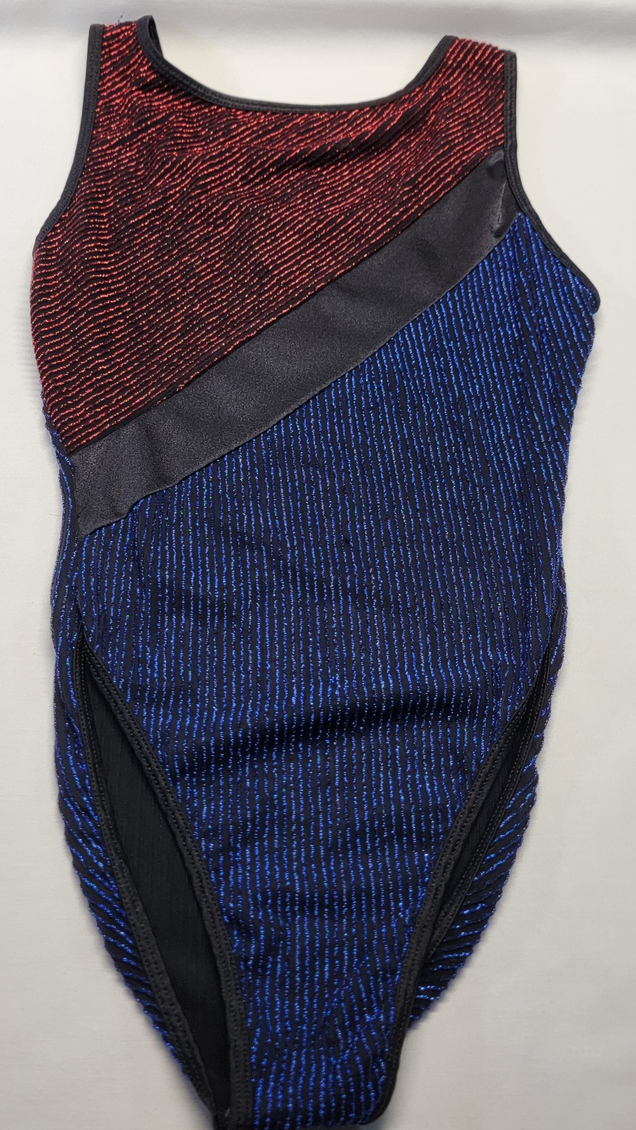 Body Wrappers Leotard Front Top Red Blue Bottom Black Band Blue Back SZ MA