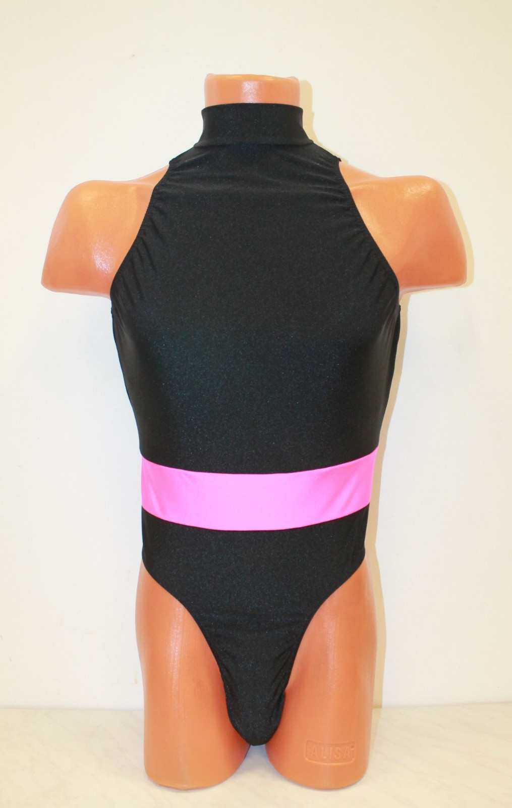 Men Thong Leotard 154-28 High Collar Black and Pink Spandex Size M