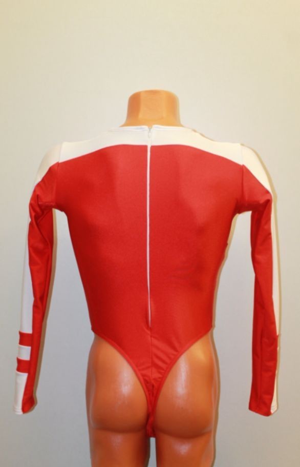 Men Thong Leotard 159-22 Long Sleeve Zipper Back Red and White Spandex Size S