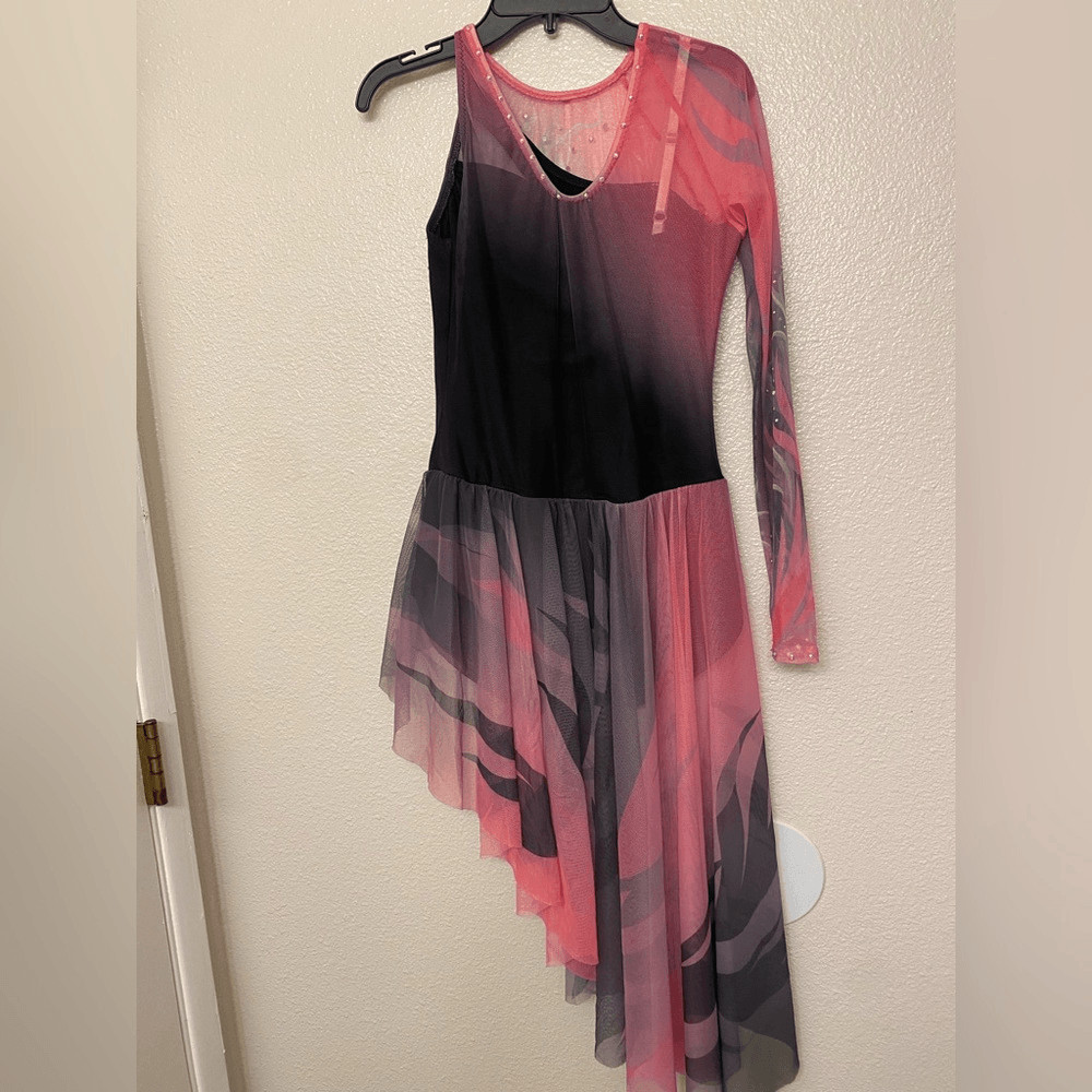Lyrical skating solo dance costume black pink floral rhinestone ballet dress XLC