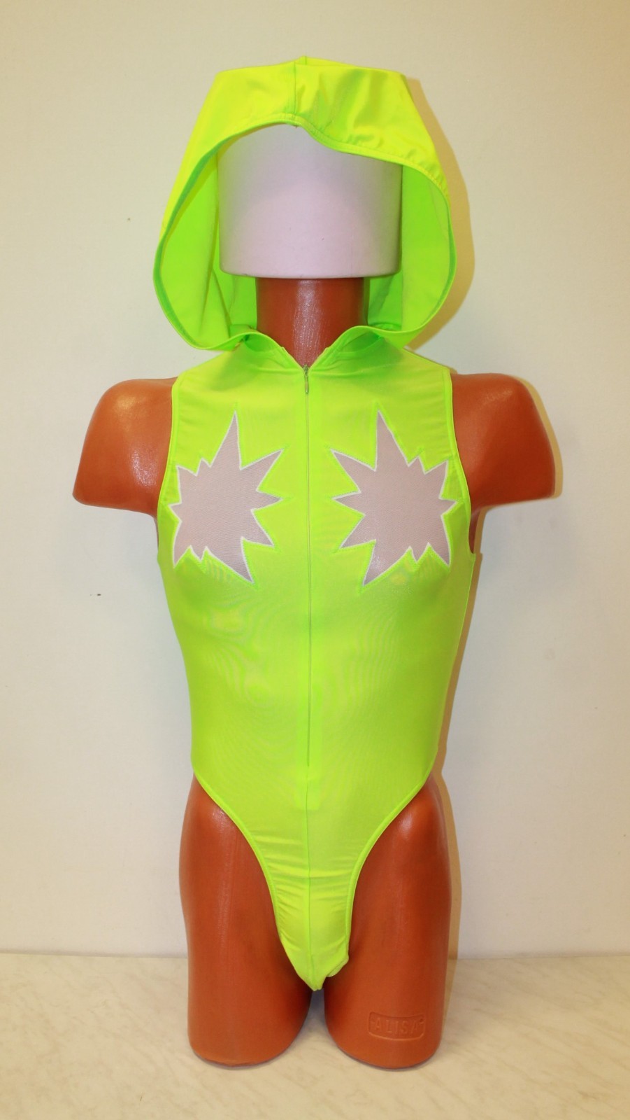 Men Thong Leotard 153-70 Hood Zipper Front Green Spandex and White Mesh Size L