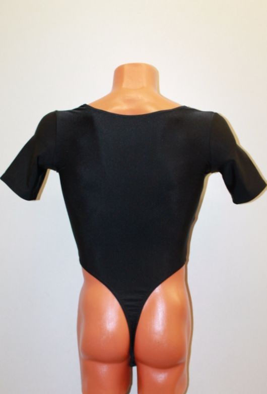 Men Thong Leotard 155-03 Short Sleeve Black Spandex Size S
