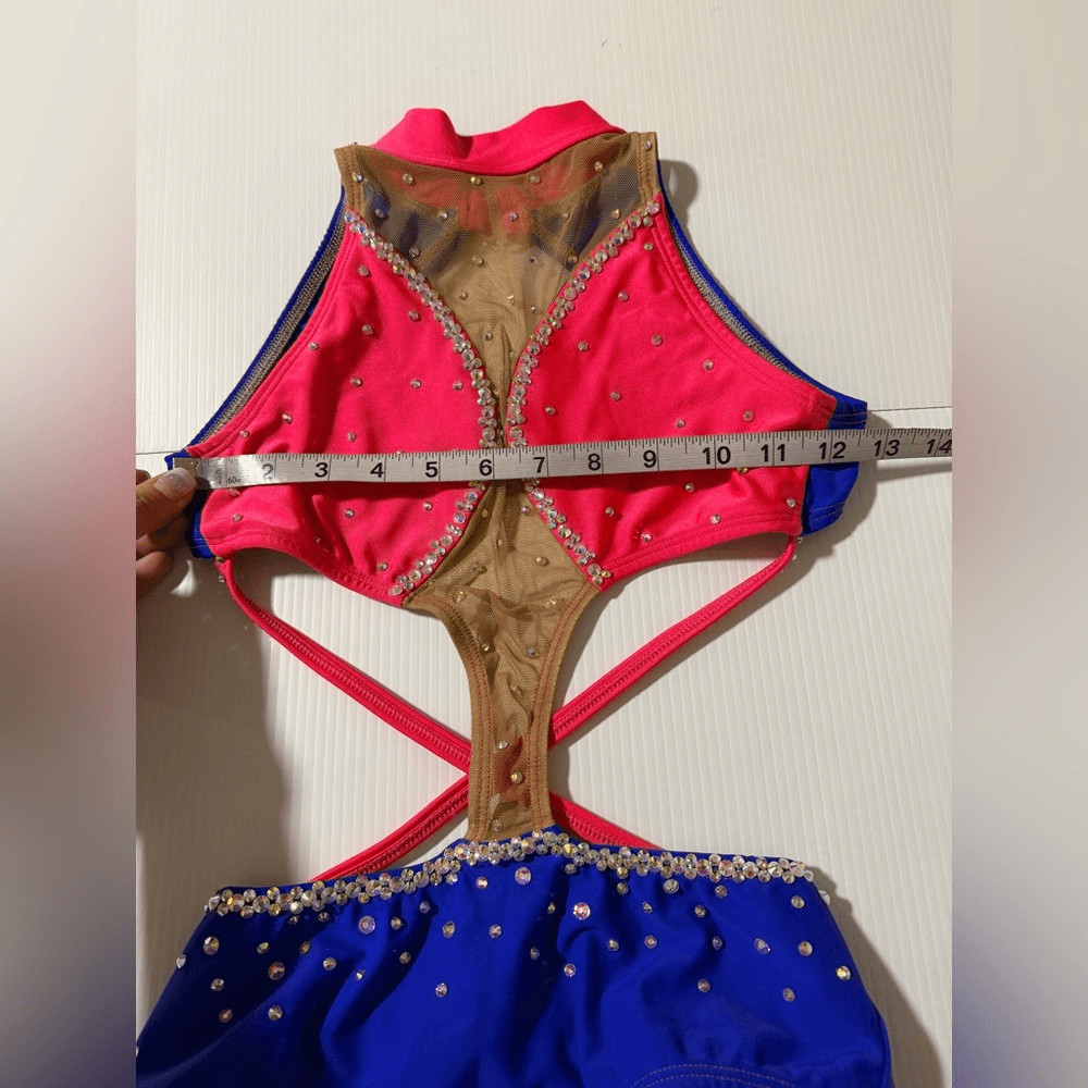 AA Dance Design Solo Dance Costume Neon Pink Blue Rhinestone Illusion Jazz XSA