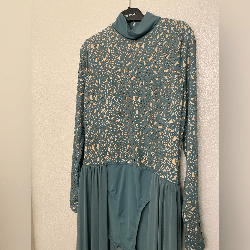 Weissman solo Dance costume custom sage green Laser Cut Floral Dress D11433 LA