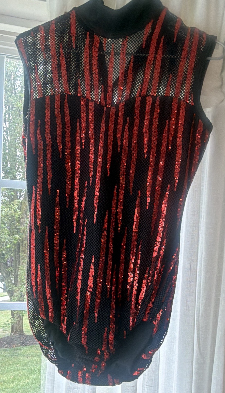 Women’s Black Red Unitard Red Sequin Zip Back -size adult medium