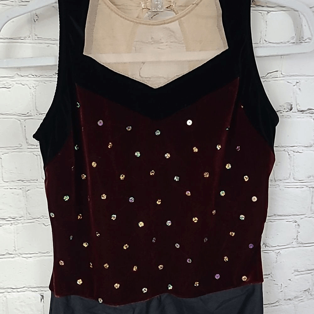 Adult Maroon Velvet Sequin Dance Costume Sleeveless Mesh Keyhole Cutout Leotard