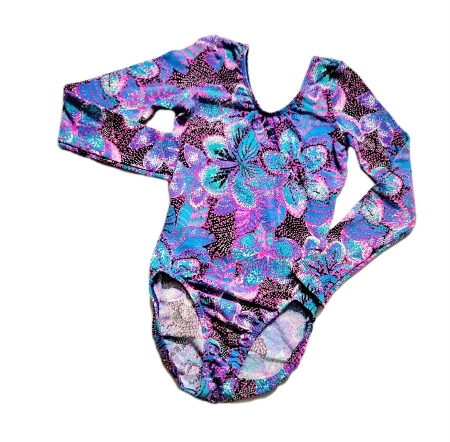 GK Elite VTG Vibrant Blue Pink Botanical Cotton LS Leotard Bodysuit AS Adult S