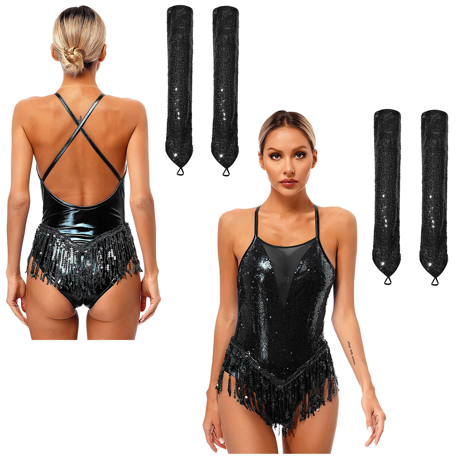 Women Leotard Sequins Bodysuit Prom Outfit Sequin Cha-Cha Fringed Dance Lyrical