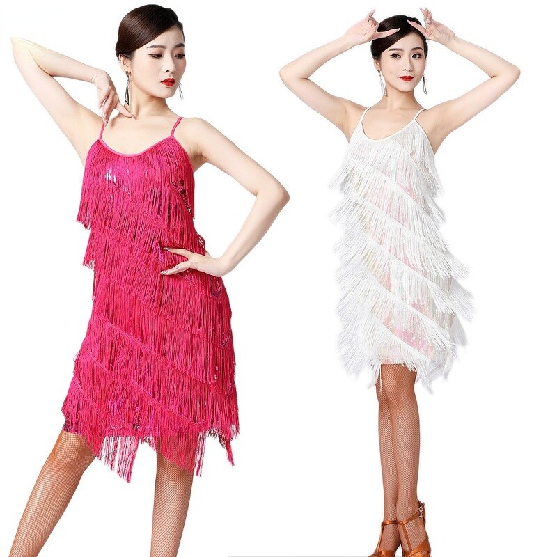 Women Latin Dance Slip Dress Sequins Tassel Dancewear Ballroom Tango Salsa