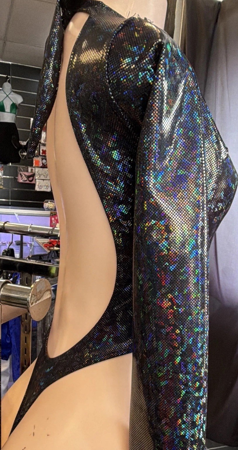 D’Perrotti Black Holographic One-Shoulder One Sleeve Open Back Thong Teddy OS