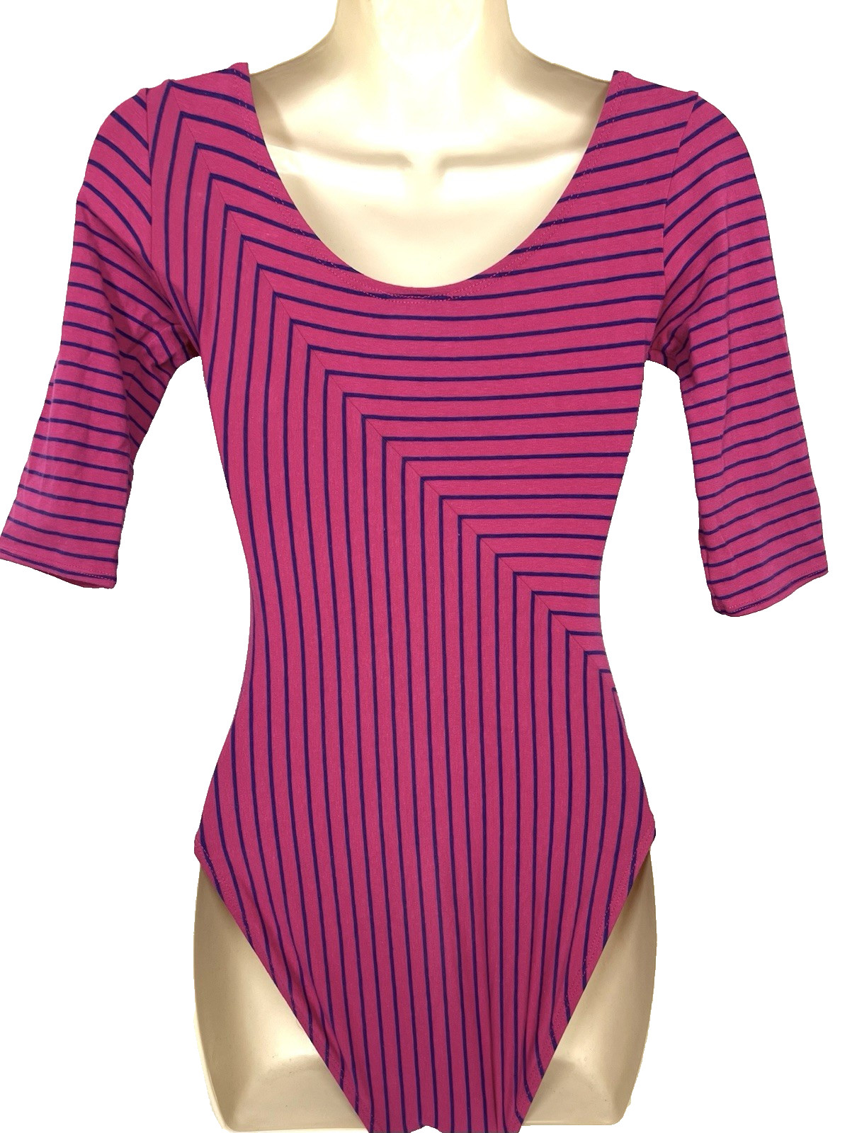 Vintage Carushka Pink & Blue Striped Leotard Short Sleeves Size Medium M