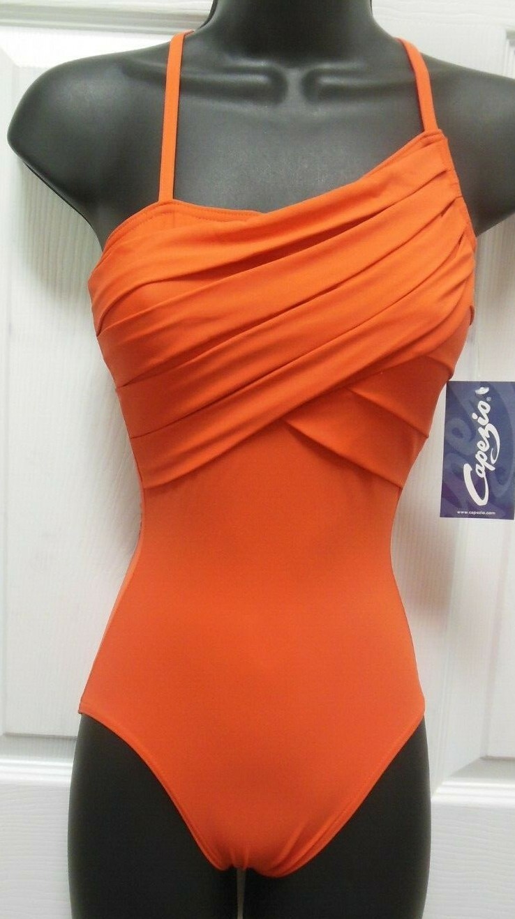 NWT GEOMETRIC STRAP CAMSOLE LEOTARD PLEATED MANDARIN ORANGE Capezio S# 10191