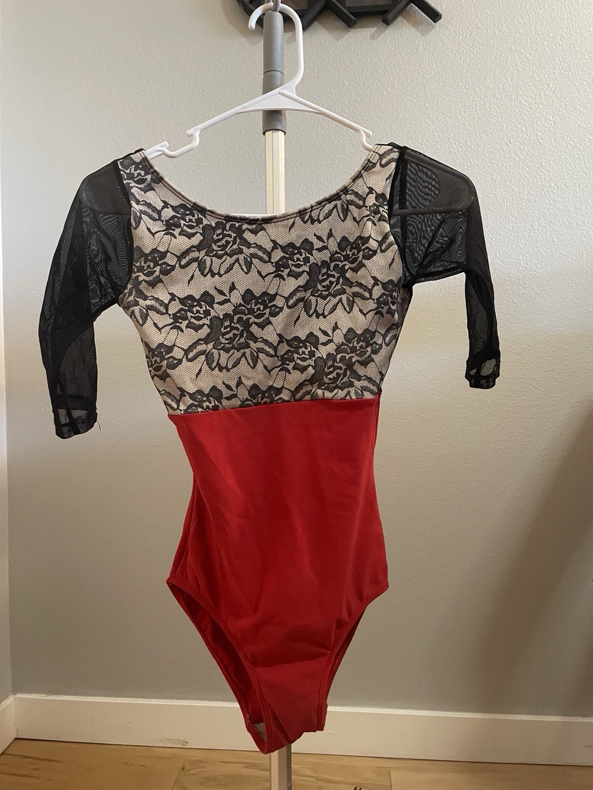 Custom Black, Red, And Patterned Eleve Mesh 1/2 Sleeve Leotard