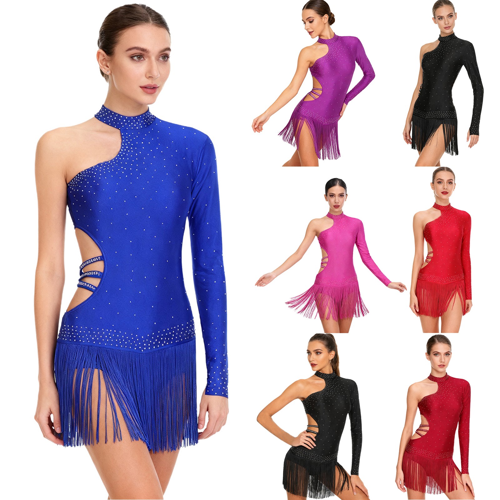 Womens Latin Dance Glitter Bodysuit Long Sleeve Tassel Leotard Jumpsuit Proms