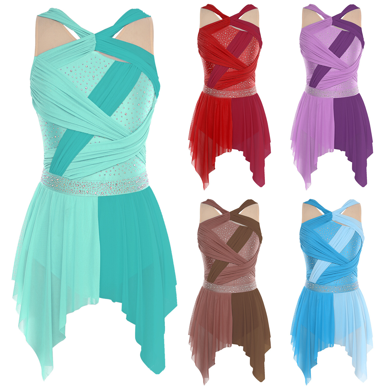 US Womens Dress Color Block Costume Ballet Dancewear Knot Lyrical Ballroom Dance