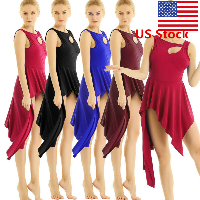 US Women Lyrical Dance Costume Dress High Low Skirt Leotard Performance Party