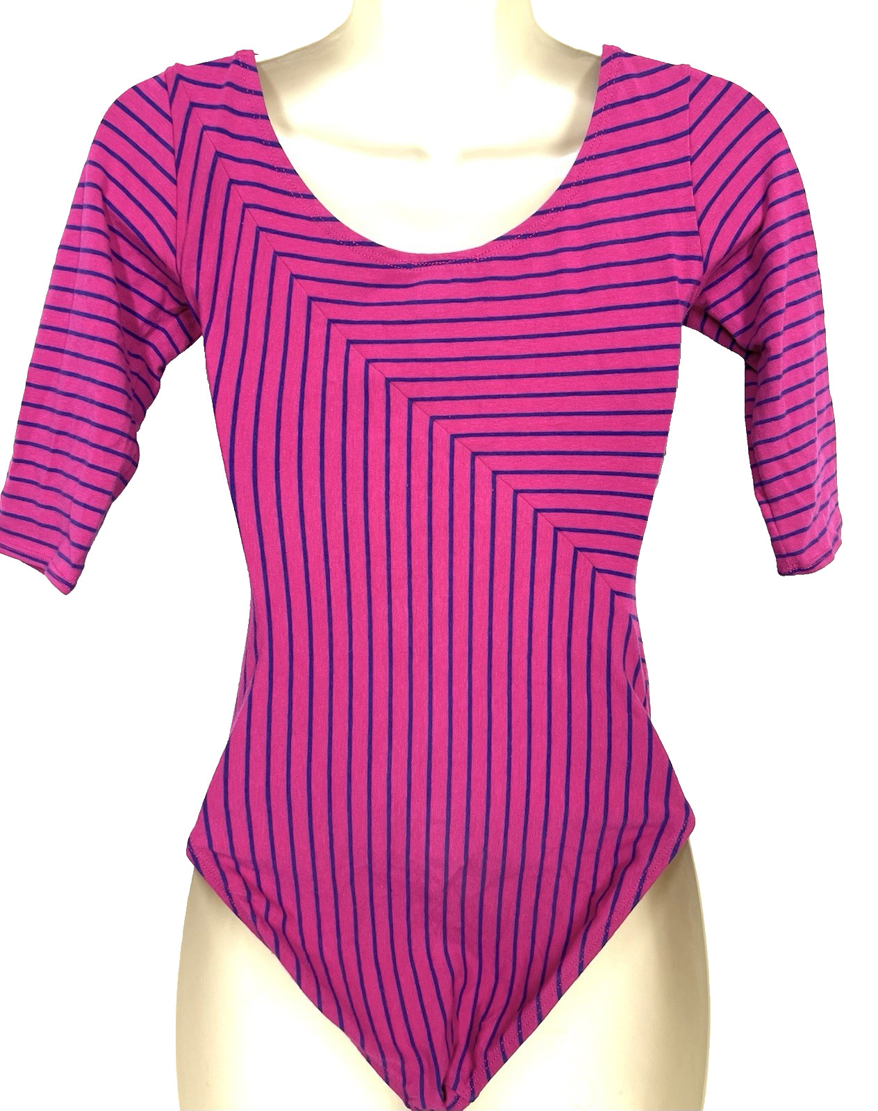 Vintage Carushka Pink & Blue Striped Leotard Short Sleeves Size Medium M