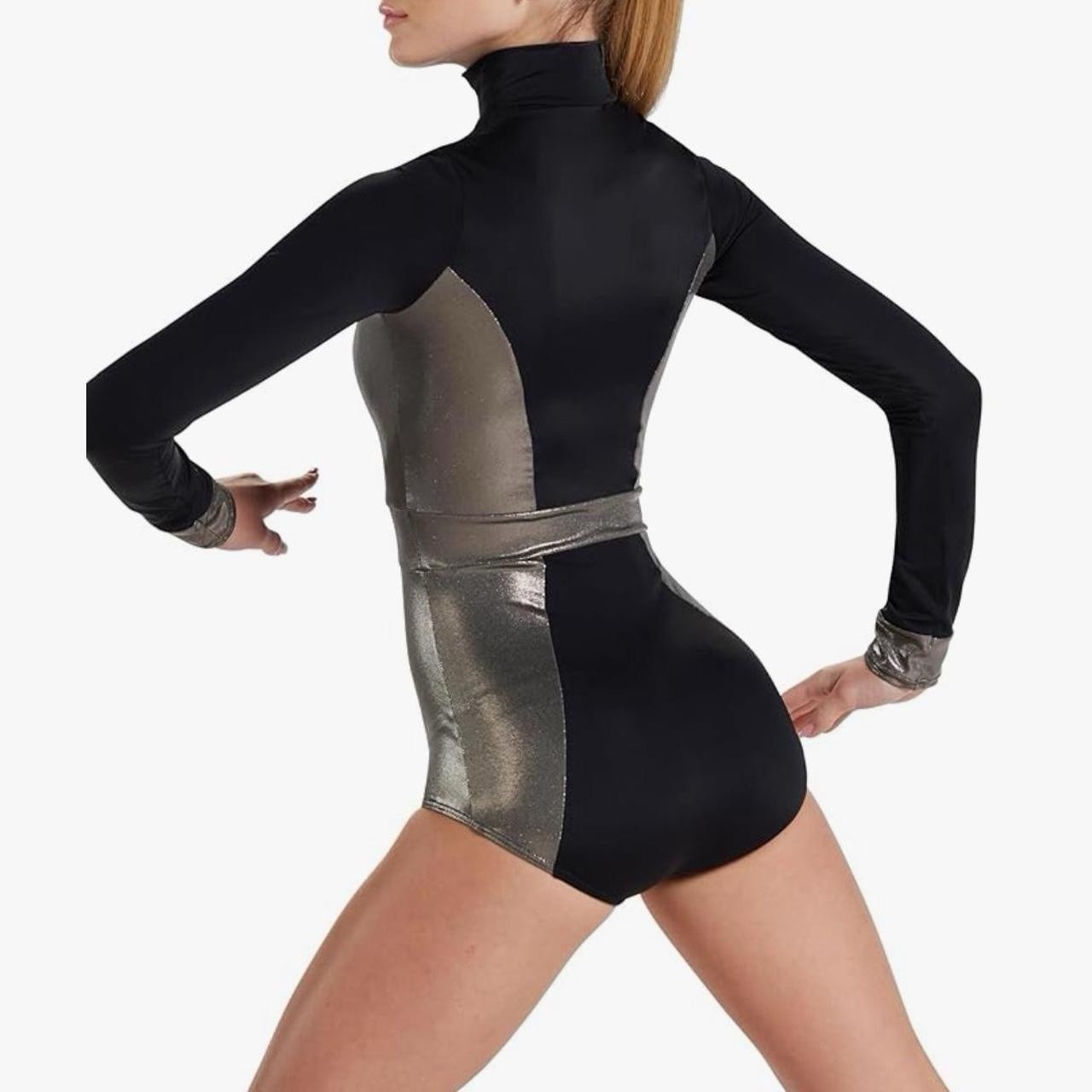 NWOT Balera Long Sleeve Zipper Front Mock Neck Silver/Black Leotard, Sz S Adult