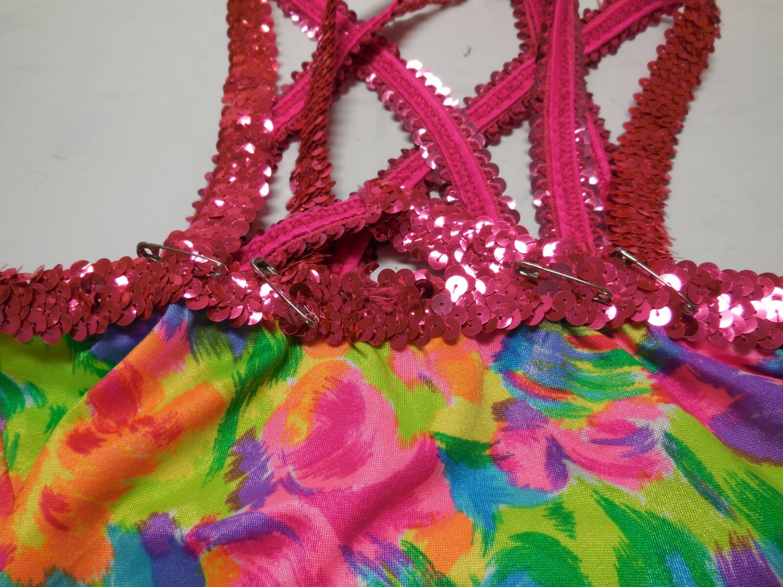Fluorescent Multi Color Leotard Pink Sequin Straps Dance Ladies Petite NWOT