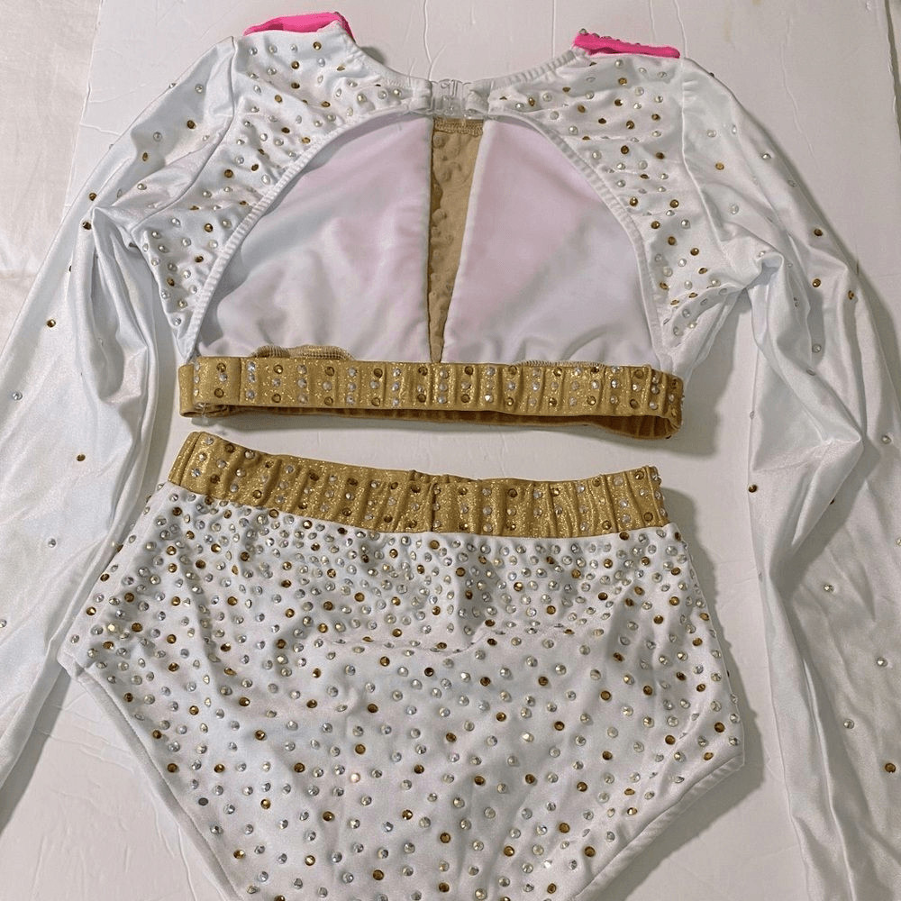 Glamour Solo Dance Costume Elvis 2 Piece White Pink Rhinestoned SA Adult Jazz