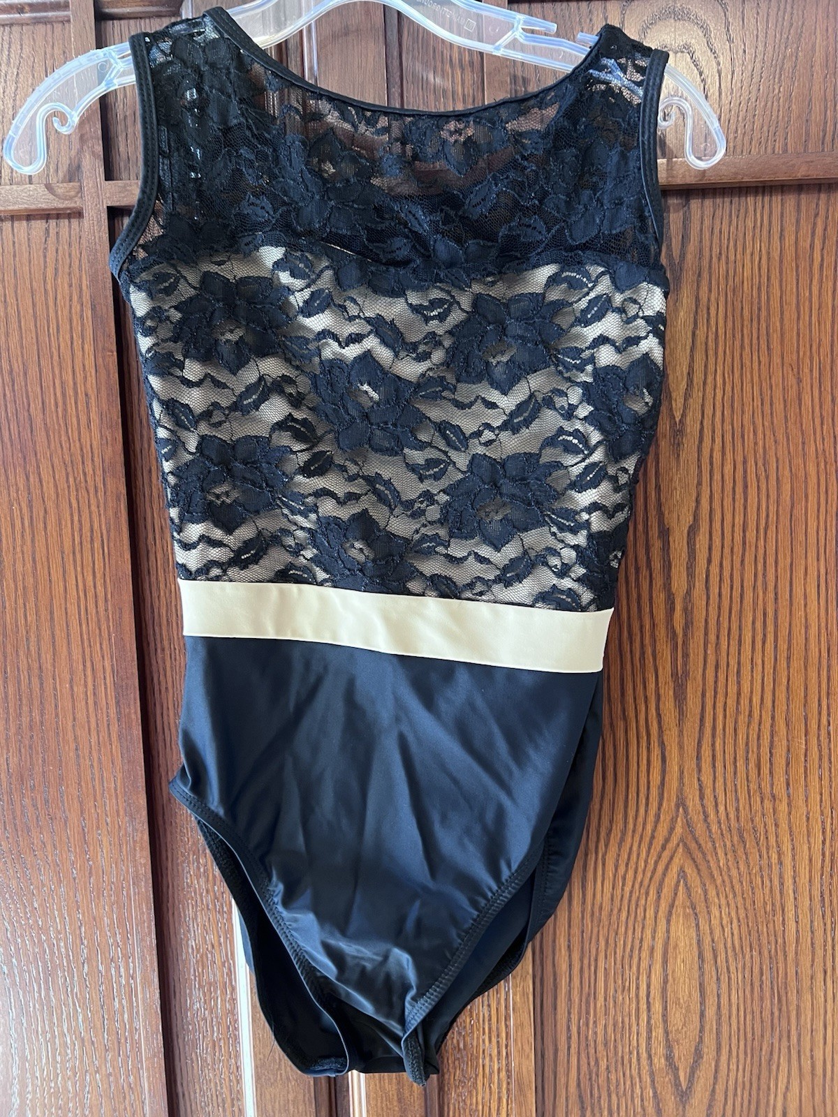 Natalie Black Lace Dance Leotard Nude Lining Gold Band Ballet Costume Sz Medium
