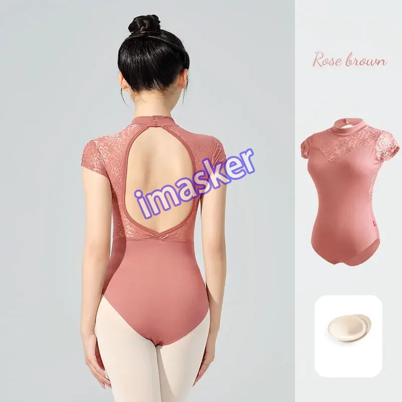 Women Ballet Adult Lace Splice Gymnastic Leotard Short Sleeve Dance Leotards