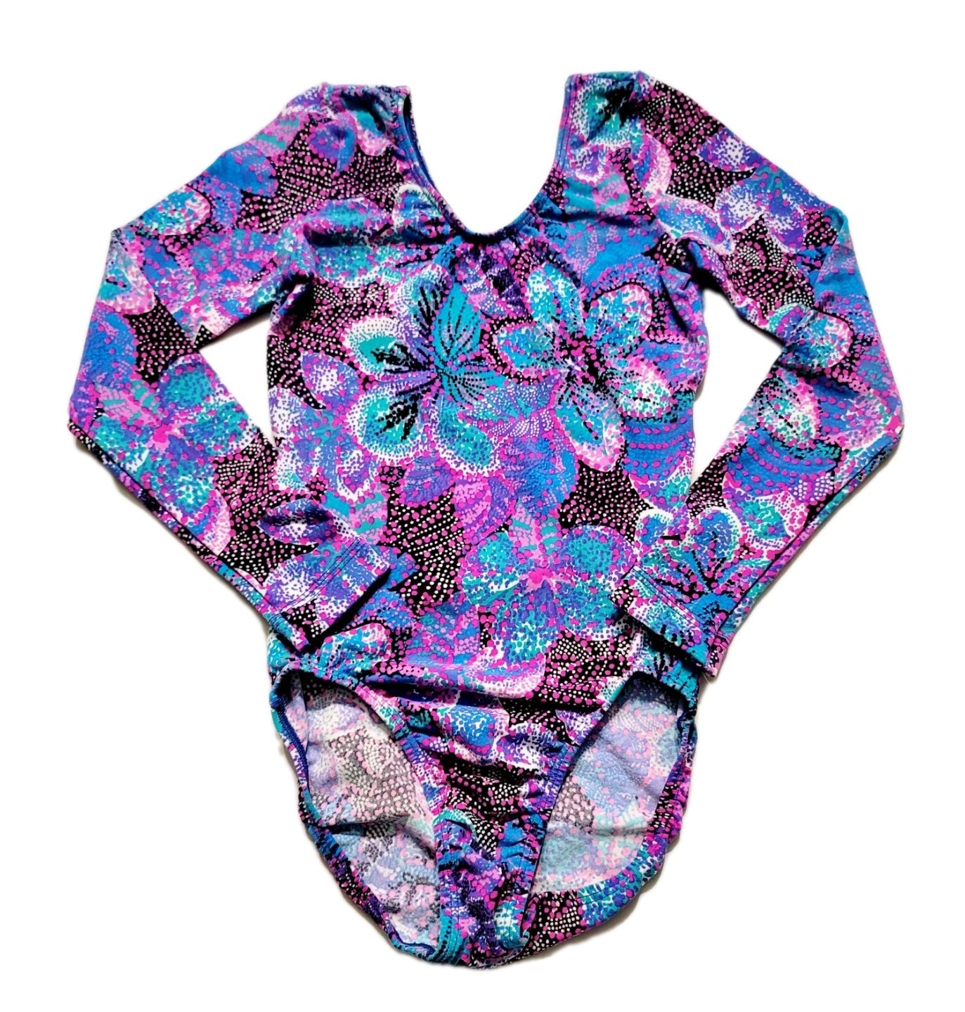 GK Elite VTG Vibrant Blue Pink Botanical Cotton LS Leotard Bodysuit AS Adult S