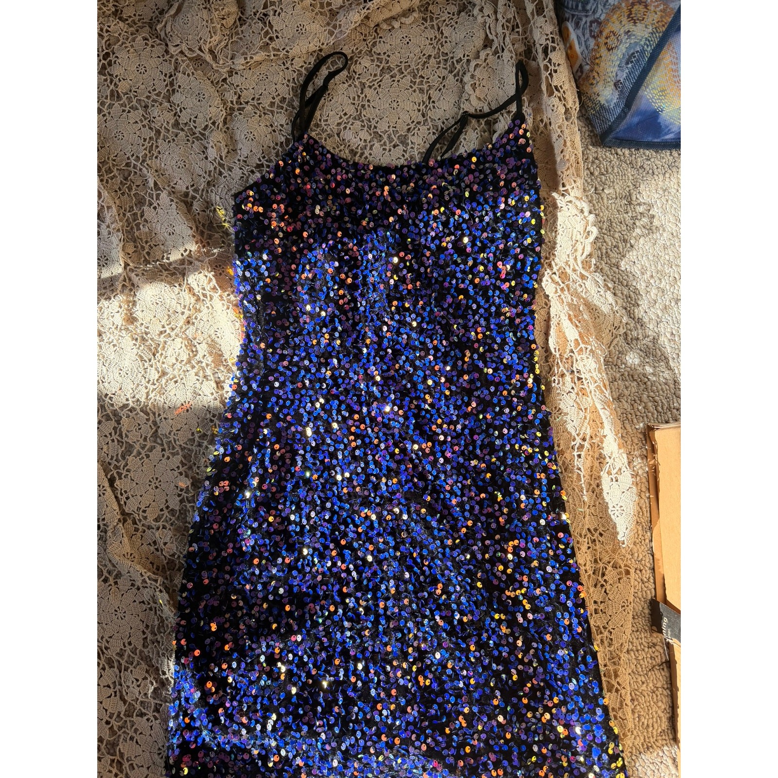 multi color sequined mini dress bodycon stretch S.M