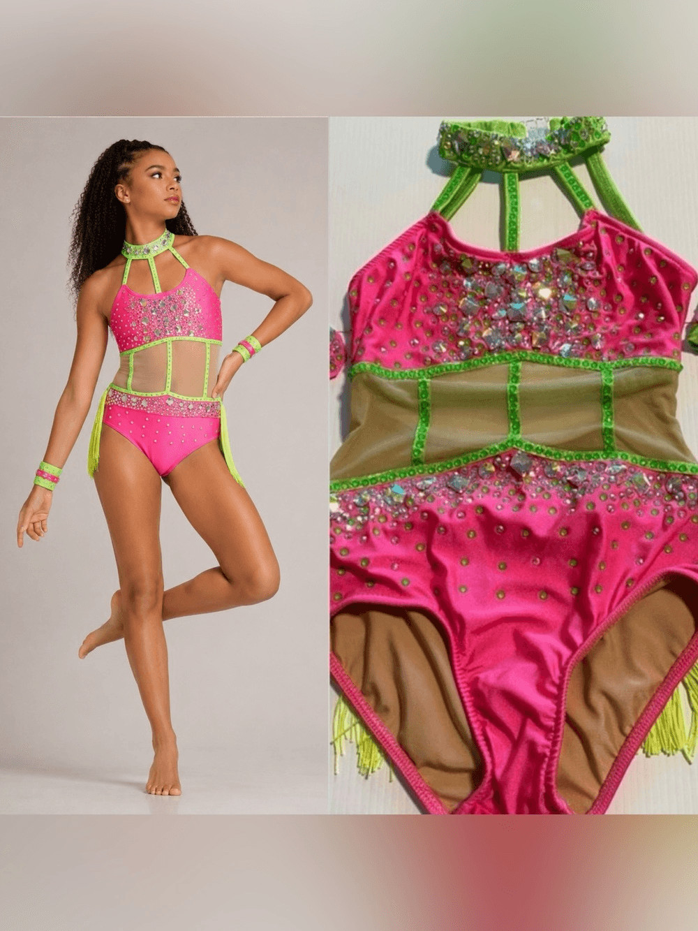 Glamour Solo Dance Costume Hot Pink Green Fringe SA Adult Jazz Broadway