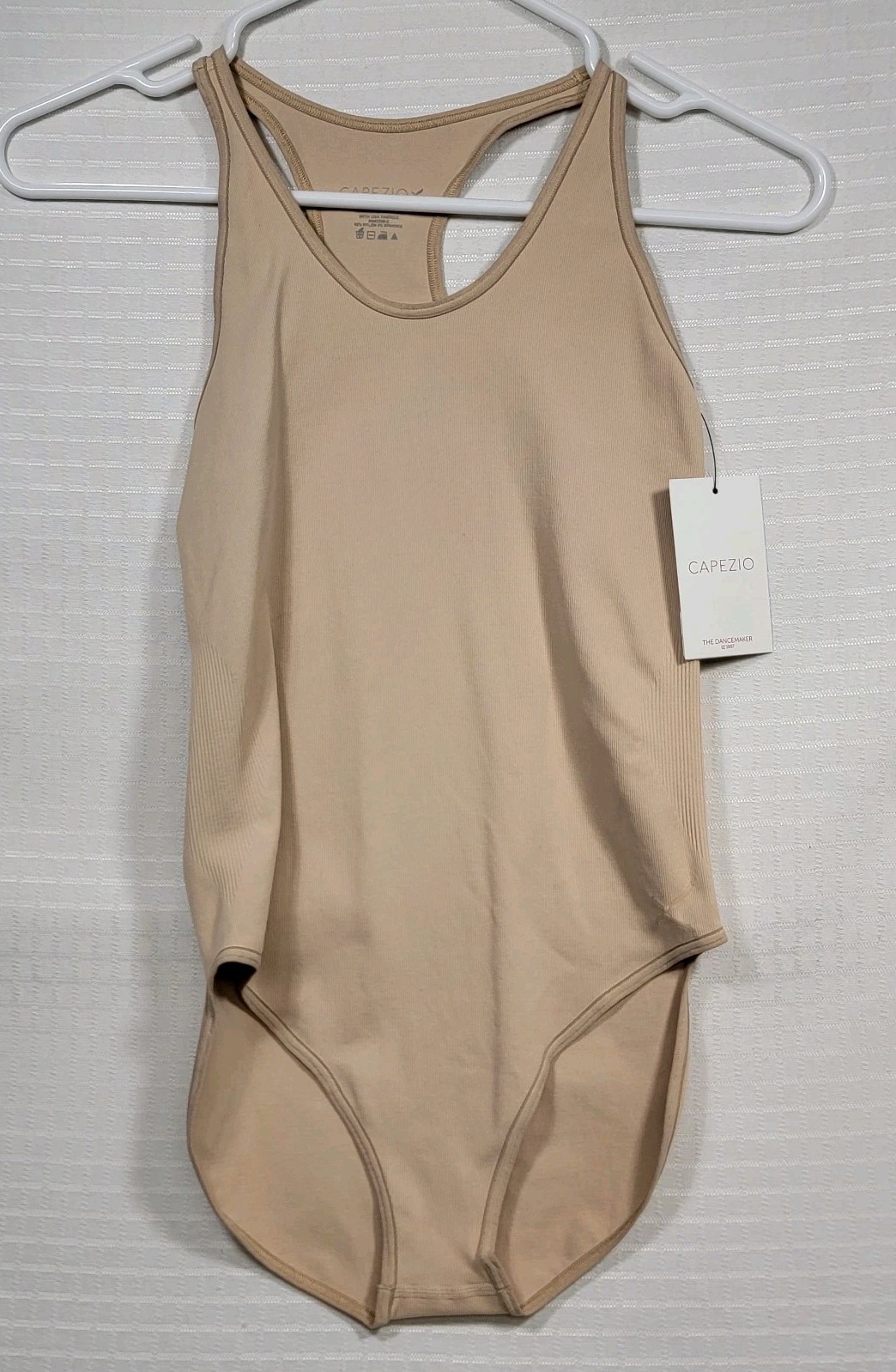 Capezio Racerback Seamless Rib Leotard High Neckline Scoop Back Nude SZ M/LA