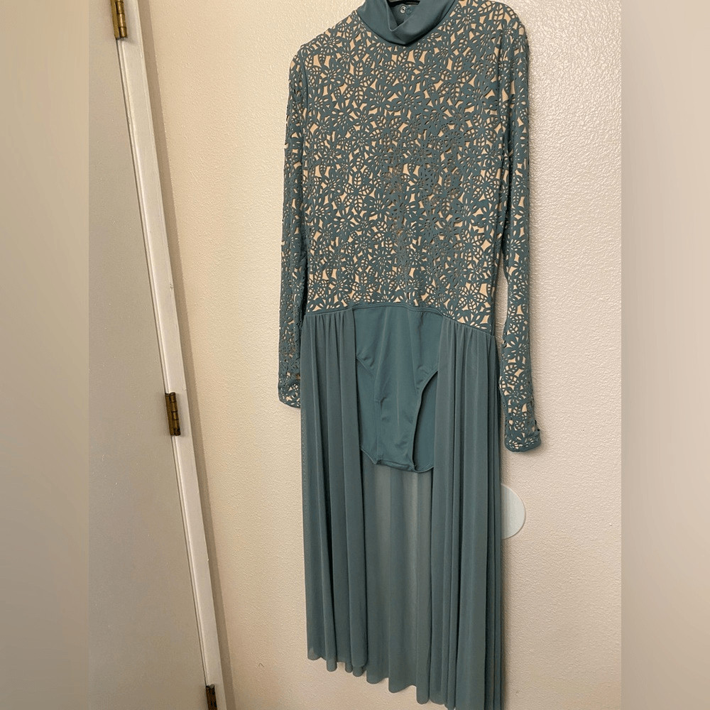 Weissman solo Dance costume custom sage green Laser Cut Floral Dress D11433 LA