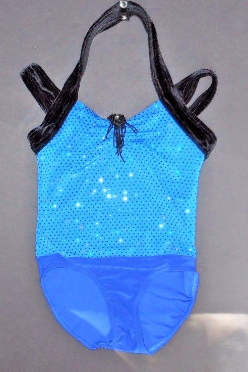 NWOT Royal Foil Sparkle leotard w/ Black Velvet straps pinch front ch/ladies