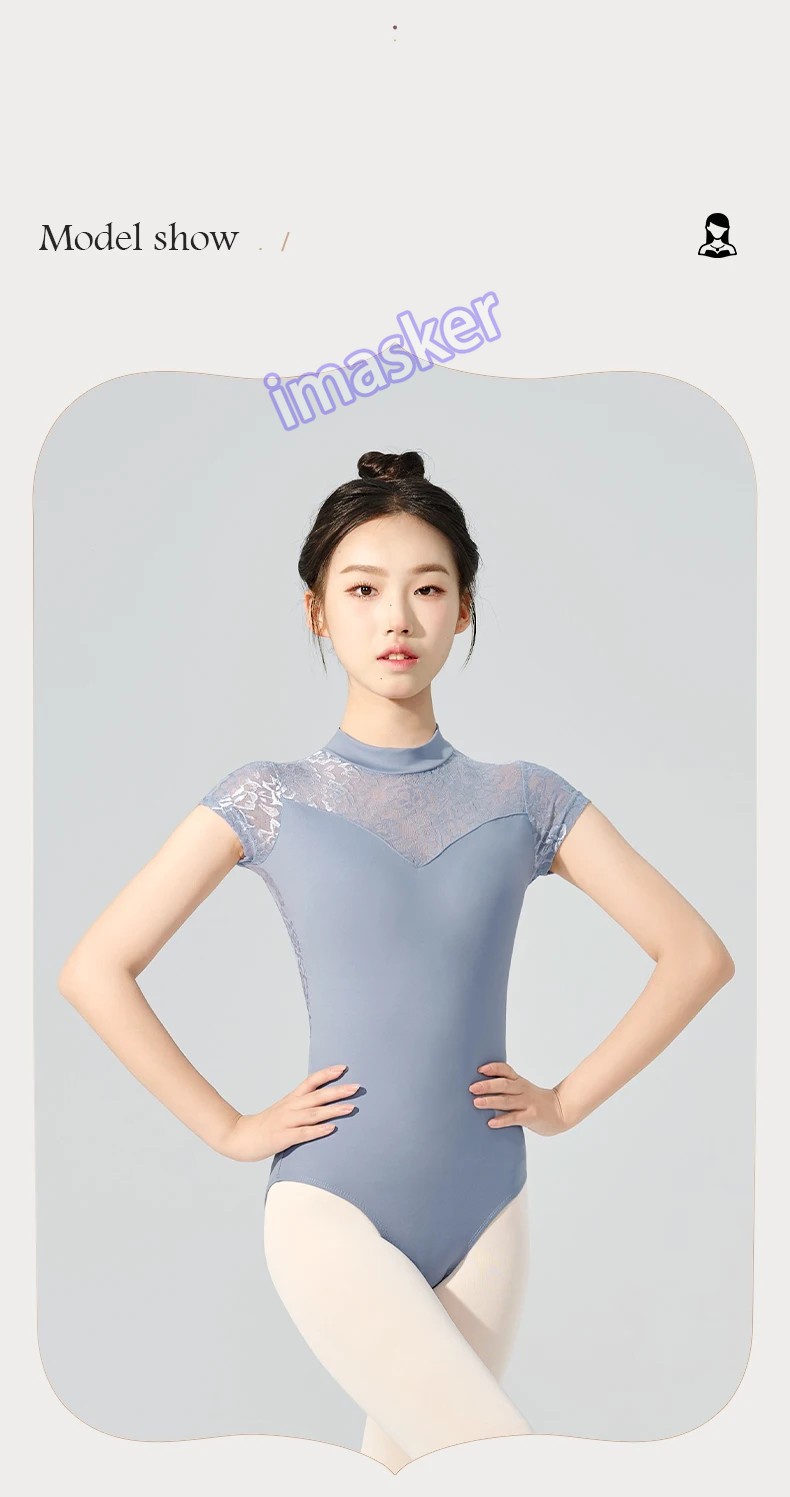 Women Ballet Adult Lace Splice Gymnastic Leotard Short Sleeve Dance Leotards