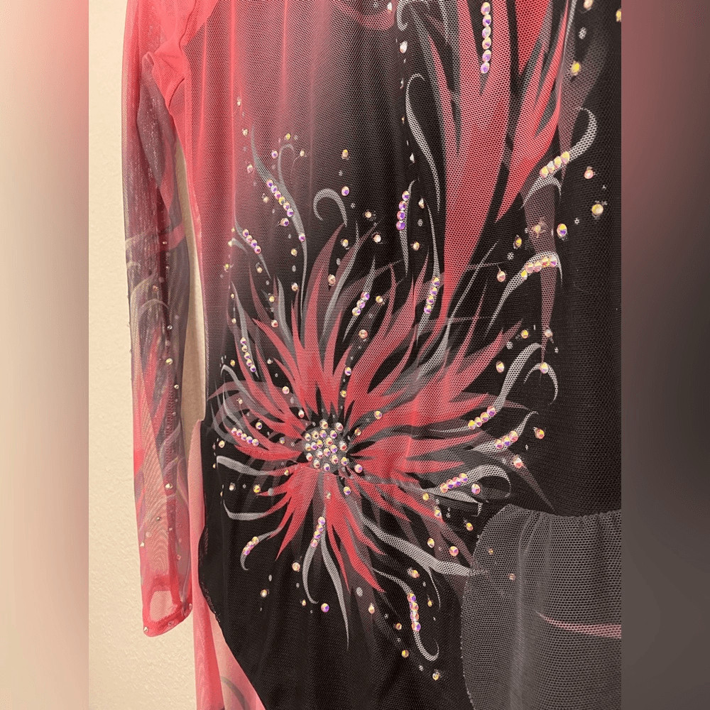 Lyrical skating solo dance costume black pink floral rhinestone ballet dress XLC