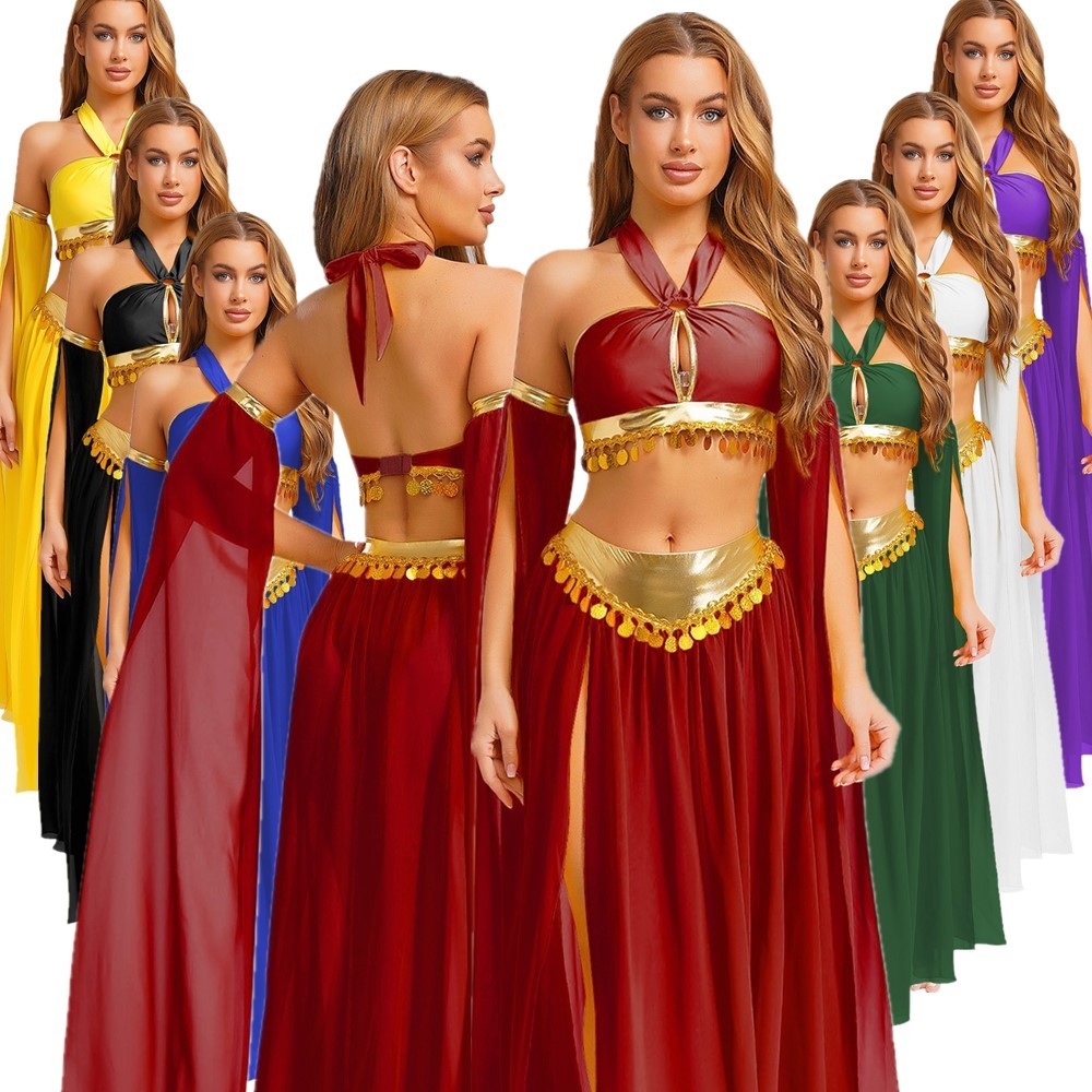 Womens Belly Dance Costume Set Sequins Hem Halter Tank Top Modern Dance Parties